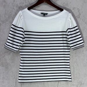 Ralph Lauren White and Black Striped Boat Neck Puffed Short Sleeve Top Size XL